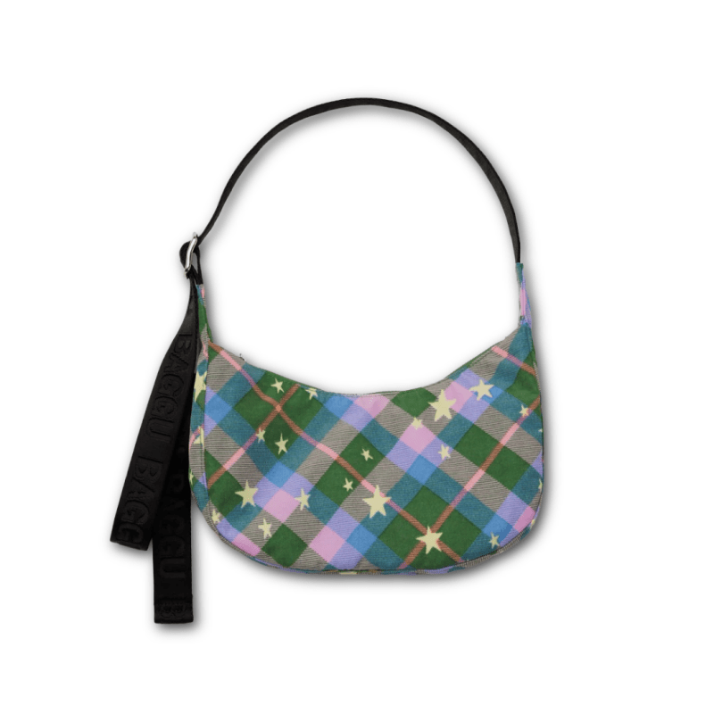 Baggu Small Nylon Crescent Bag - Green Star Plaid