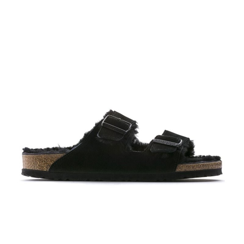 Birkenstock Arizona Shearling Two Strap Sandals - Black Suede