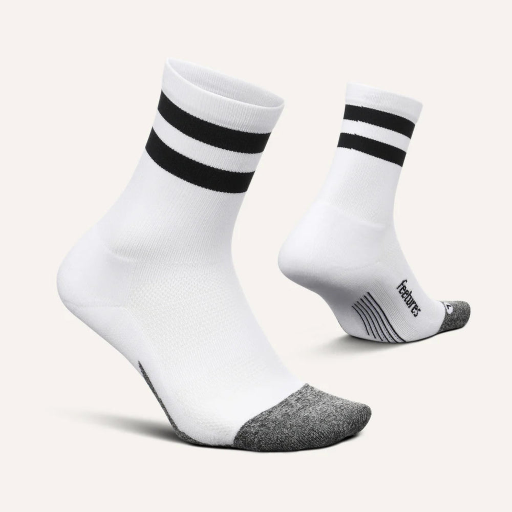 Feetures Elite Light Cushion Mini Crew Socks - White High Top Stripe