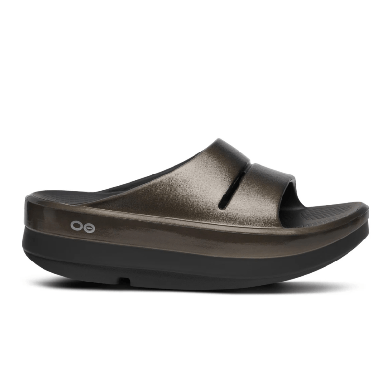 Seliga ShoesOOFOS Women's OOmega OOahh Stacked Slide - Titanium Mirror