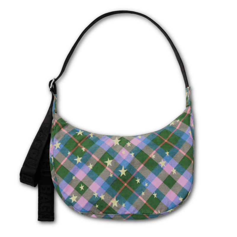 Baggu Medium Nylon Crescent Bag - Green Star Plaid