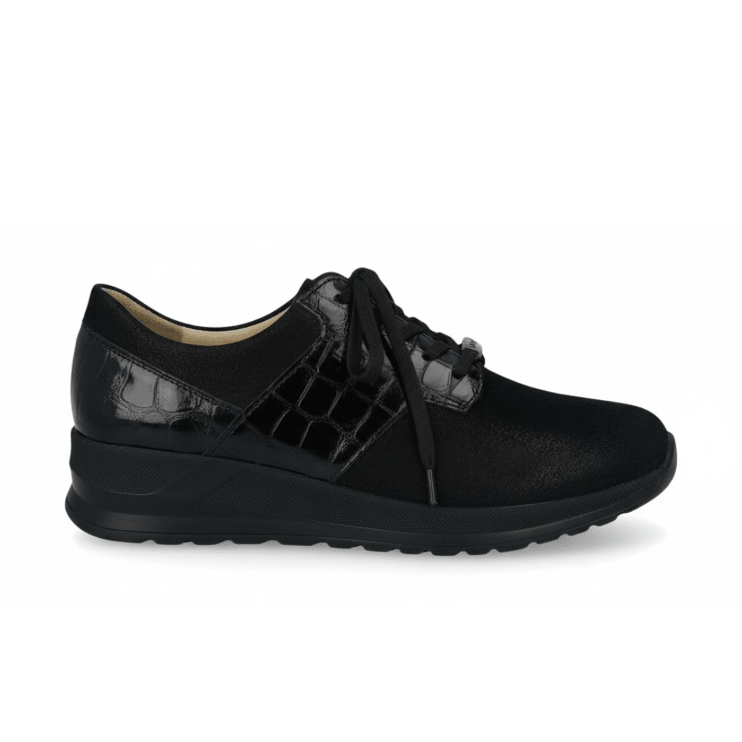 Finn Comfort Women's Caino Shoe - Black Stretch/Croc Leather
